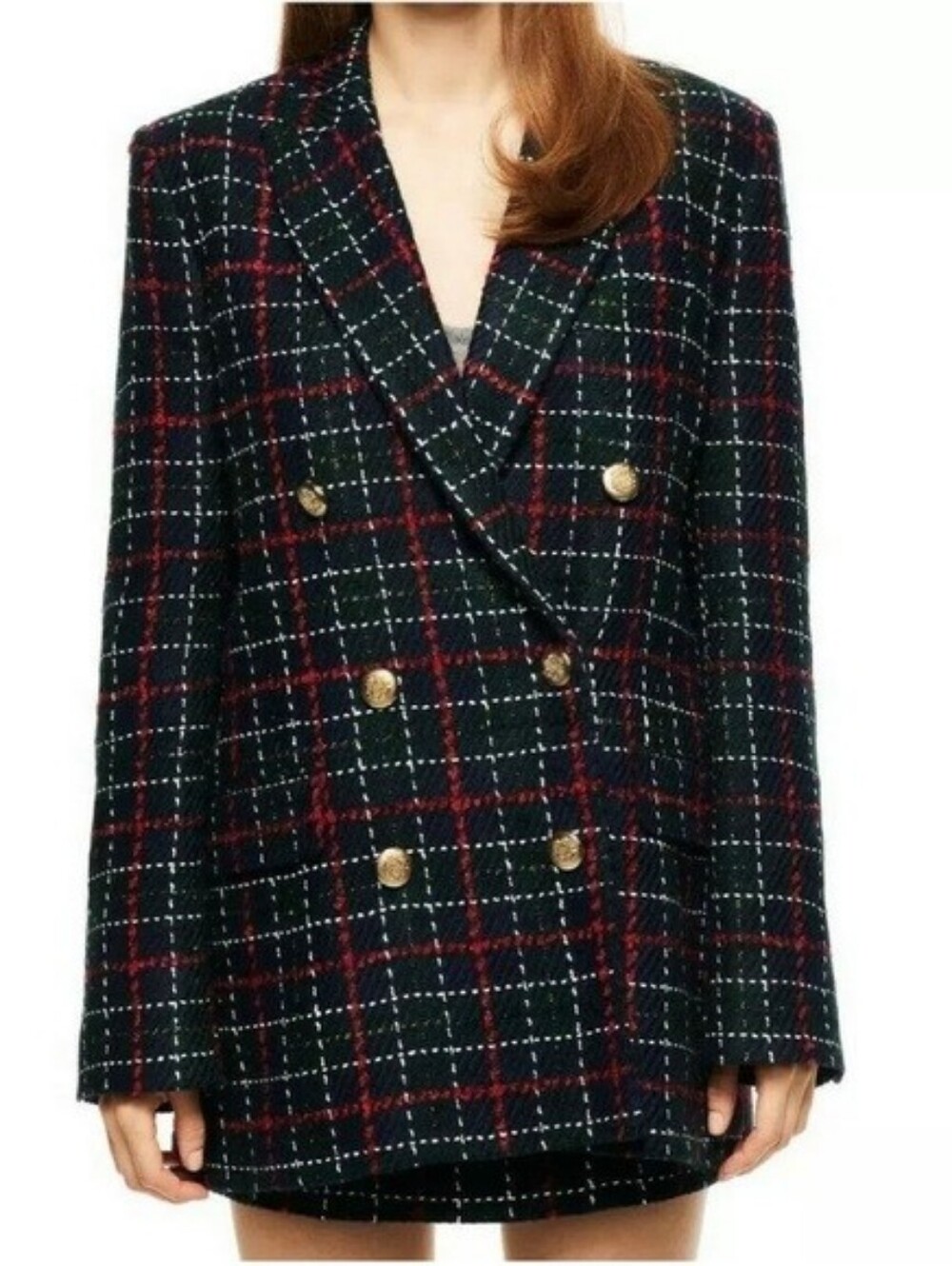 Zara Double-Breasted Plaid Blazer Jacket - Black & Red